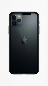 Минималистична илюстрация на силует на iPhone 11 Pro Max на бял фон.