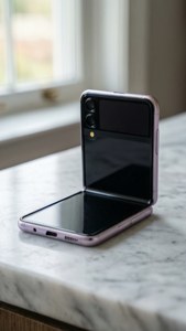 Минималистичен Z Flip 5, поставлен на мрамор с меко пастелно осветление