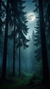 Тъмни силуети на гора с пълна луна и мъгла, мрачен синьо-зелен тапет.