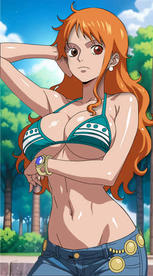 Нами, One Piece, аниме момиче, аниме герой, аниме момиче с оранжева коса, бикини топ, аниме изкуство, стил манга, тапет One Piece, женски аниме герой — 1440x2560 Тапет