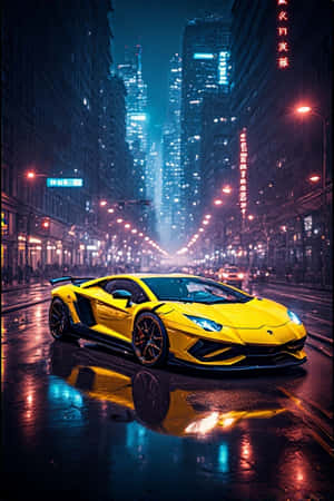 Lamborghini, неонено жълто, градски светлини, нощ, футуристичен, урбанистичен, мокри улици, отражения, светещ, 4K, портретен тапет,
