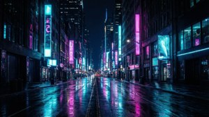 Ярък неонов градски пейзаж с дълбоко черно за OLED дисплеи.