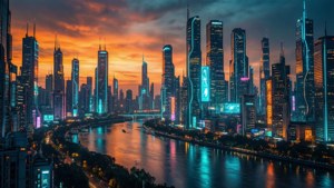 Футуристичен ултраширок градски пейзаж с неонови отражения