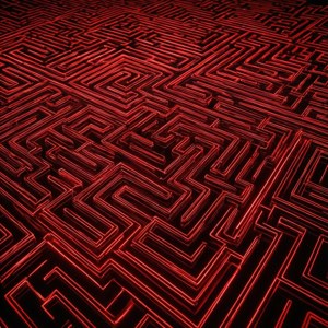 Хипнотизиращ неонов червен лабиринт със светещи линии. — Неоново червено Тапет