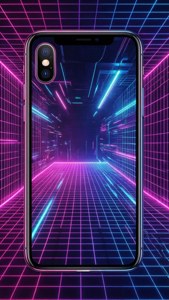 Киберпънк тапет с iPhone X върху неонова мрежа.