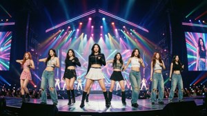 TWICE изпълняват на живо на vibrant сцена с неонови светлини.