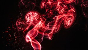 Динамични неонови червени димни вихри върху черен фон. — Неоново червено Тапет