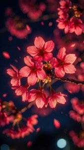 Ефирни неоново червени черешневи цветове, светящи в тъмната нощ. — Неоново червено Тапет
