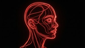 Минималистичен неоново червен профил на лице от линии на черен фон. — Неоново червено Тапет