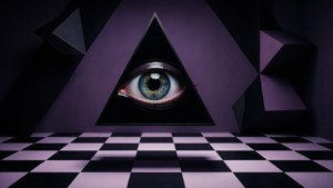 Тъмен абстрактен фон с око в триъгълник и геометрични елементи. — Психеделично тъмно естетика Тапет