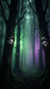 Светещи очи наблюдават от тъмна, мъглива гора. — Психеделично тъмно естетика Тапет