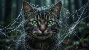 Чеширският кота, хванат в паяжина със светящи очи. — Чеширски котарак Тапет