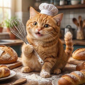 Сладък котка пекар в слънчева кухня