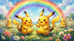 Сладка акварелна рисунка на Пикачу, играещ в цветна поляна с дъга. — Nintendo Тапет