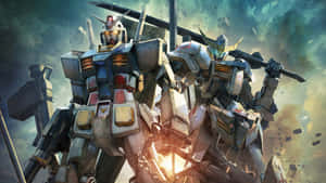 Пилот на Гъндам робот наблюдава метрополис отгоре — Gundam GIF Тапет