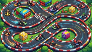 Изометричен изглед на писта за Mario Kart с състезаващи се карти. — Nintendo Тапет