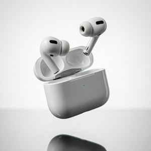 AirPods, висящи във въздуха, продуктова фотография. — Galaxy Watch Тапет