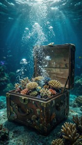 Кутия, отворена под вода с мехурчета и коралов риф вътре, сюрреалистична океанска тема. — iPhone 5 Тапет