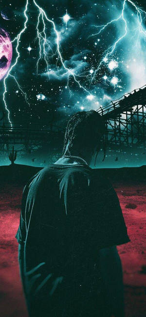 Тапет Astroworld с естетично изображение на Травис Скот и светкавичен фон.