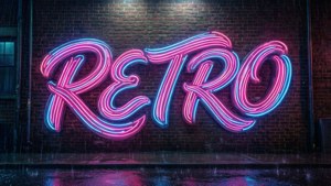 Светеща неонова табела с надпис 'RETRO' в дъждовна нощ.