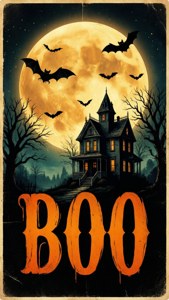 Ретро плакат с луна, прилепи, къща с призраци и текст BOO