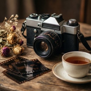 Ретро фотоапарат с филмови негативи и сухи цветя. — Инди естетика GIF Тапет