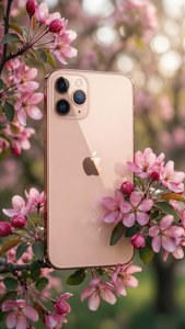 Розово-златен iPhone 11 Pro Max сред розови цвети на пролетна светлина.