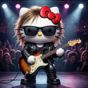 Hello Kitty свири на сцената с китарата си.