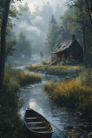 хижина,река,кану,треви,тръстик,мъгла,сутрин,дива,рустикално,мирно,природа,уютно,4K — iPhone 4 Тапет