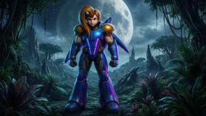 Научнофантастична сцена на Самус Аран на извънземна планета с огромна луна. — Nintendo Тапет