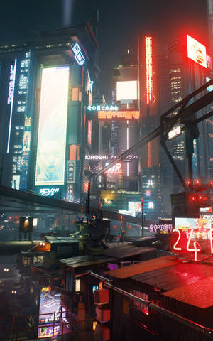 Светлини в Нощен Град в Cyberpunk за Android — Moto Pad 70 Groove Тапет
