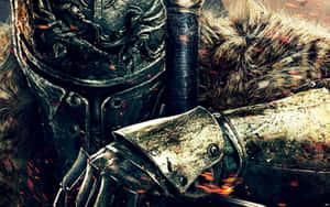 Свиреп воин в златна броня с яростен дракон, дебнещ в мрака зад него — Dark souls Тапет