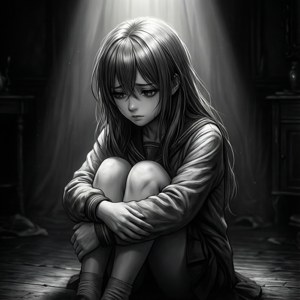 Тъжна аниме момиче, сгушено в тъмна стая с драматично осветление. — Тъжен аниме GIF Тапет