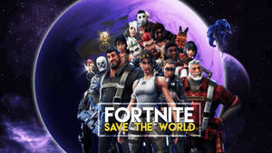Fortnite компилация от няколко героя от режима Save The World с планетарен тапет.