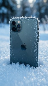 iPhone 11 Pro Max, заровен в сняг с ледени детайли и зимен фон.