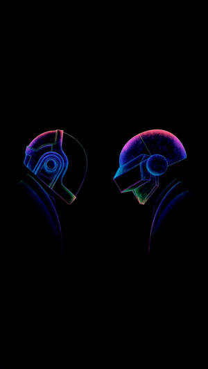 AMOLED тапет на Daft Punk в светящи цвятове на синьо, лилаво и зелено.