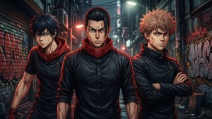 Драматичен групов тапет на Майки, Дракен и Такемичи от Tokyo Revengers в тъмна алея. — Tokyo revengers Тапет