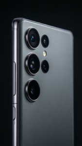 Близък кадър на титановия панел на S24 Ultra с обективите на камерата