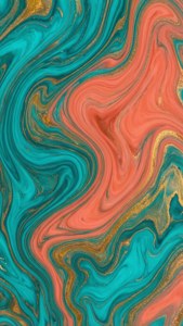 Течен мраморен абстракт с тюркоазени, коралови и златни вихри, артистичен и жизнен.