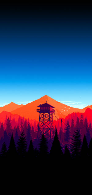 AMOLED тапет на планински пейзаж и каскадни дървета в градиентно синьо небе. — iPhone 12 Pro Max Тапет