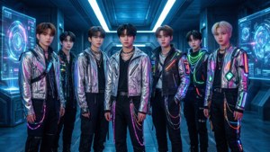 Kpop момческа група в киберпънк стил във футуристична обстановка. — Kpop GIF Тапет