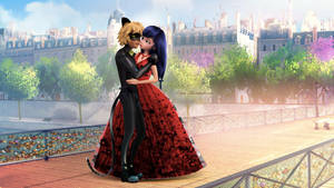 Тапет с целувка на Ladybug и Cat Noir на мост — Калинка и черен котик целуват Тапет