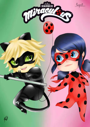 Тапет в стил Чиби с целувка на Ladybug и Cat Noir — Калинка и черен котик целуват Тапет