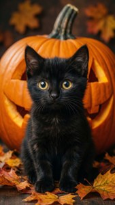 Сладка черна котка със светещи очи до тиква и листа